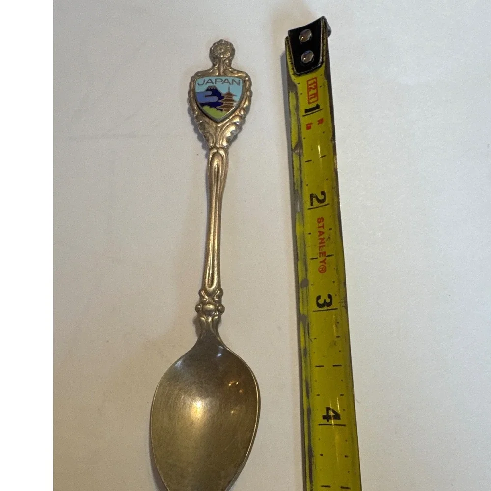 Vintage Japan Souvenir Spoon Nickel Silver Cloisonne Enamel Mt Fuji Pagoda 4.25